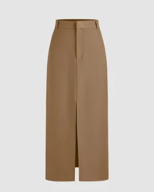 High Waisted Solid Front Slit Maxi Skirt In Brown