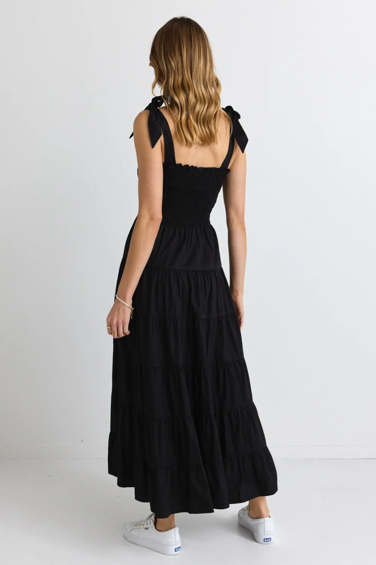 Isabella Black Cotton Poplin Strappy Tiered Maxi Dress