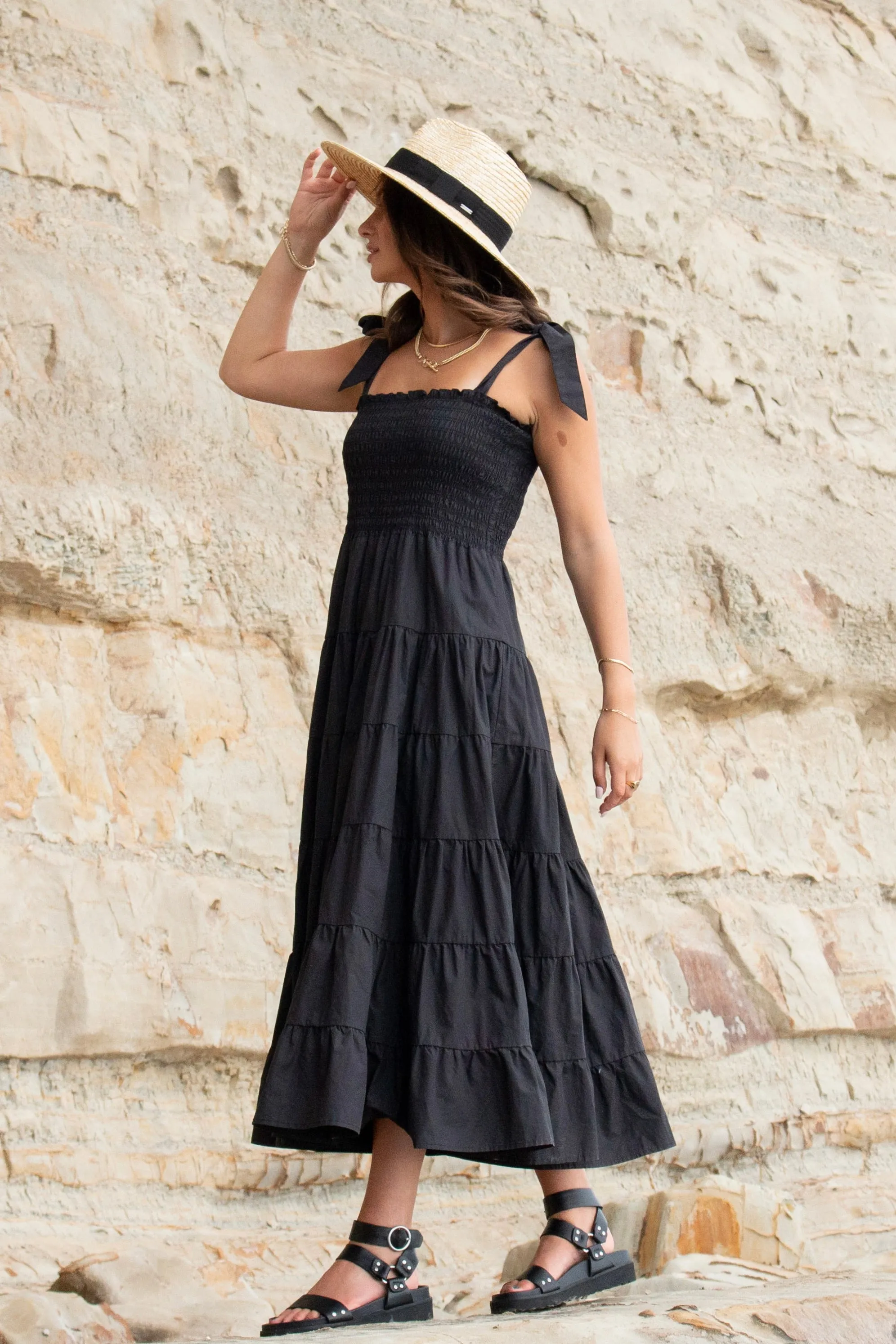 Isabella Black Cotton Poplin Strappy Tiered Maxi Dress