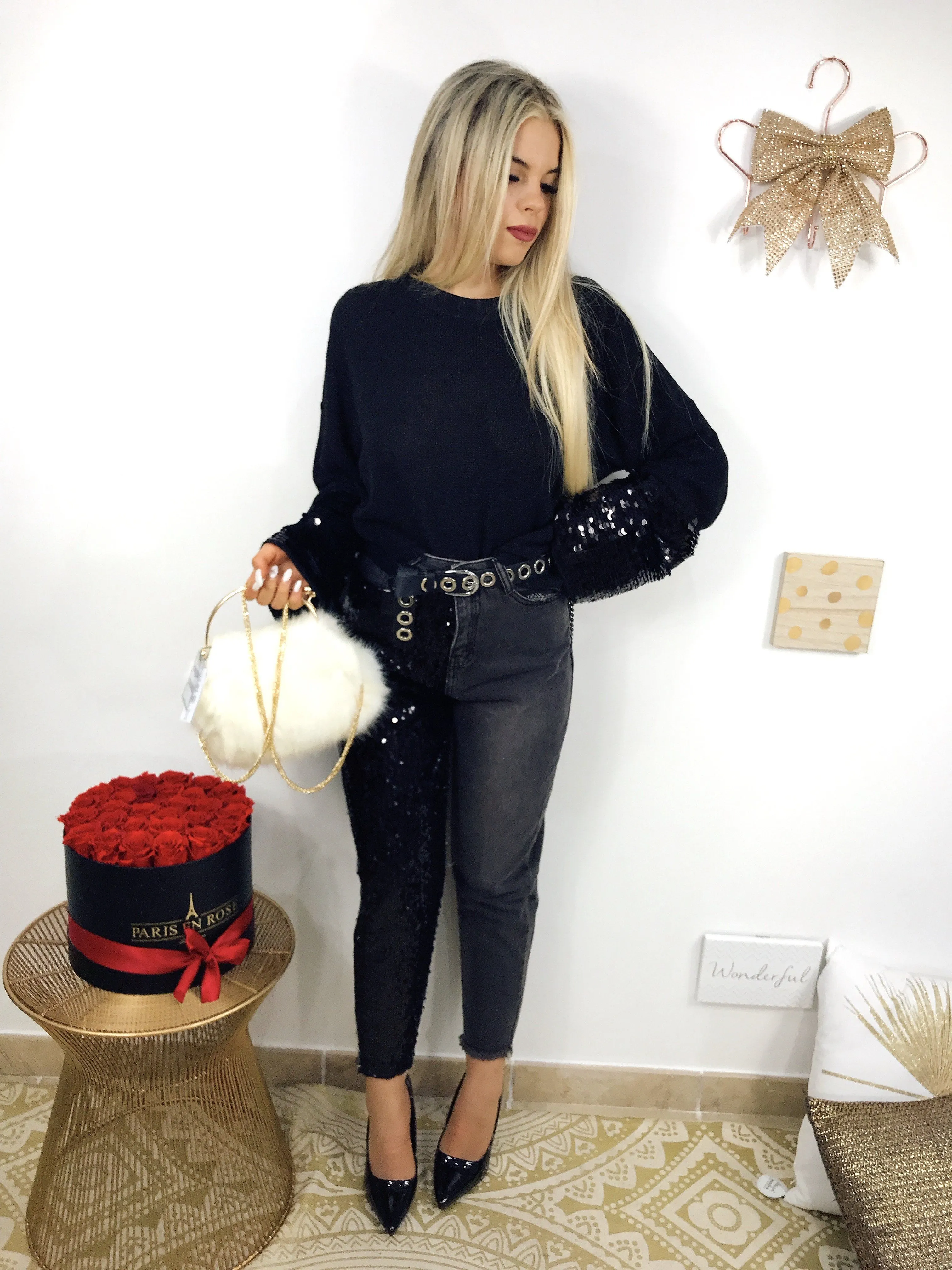 Jeans nero con paillettes