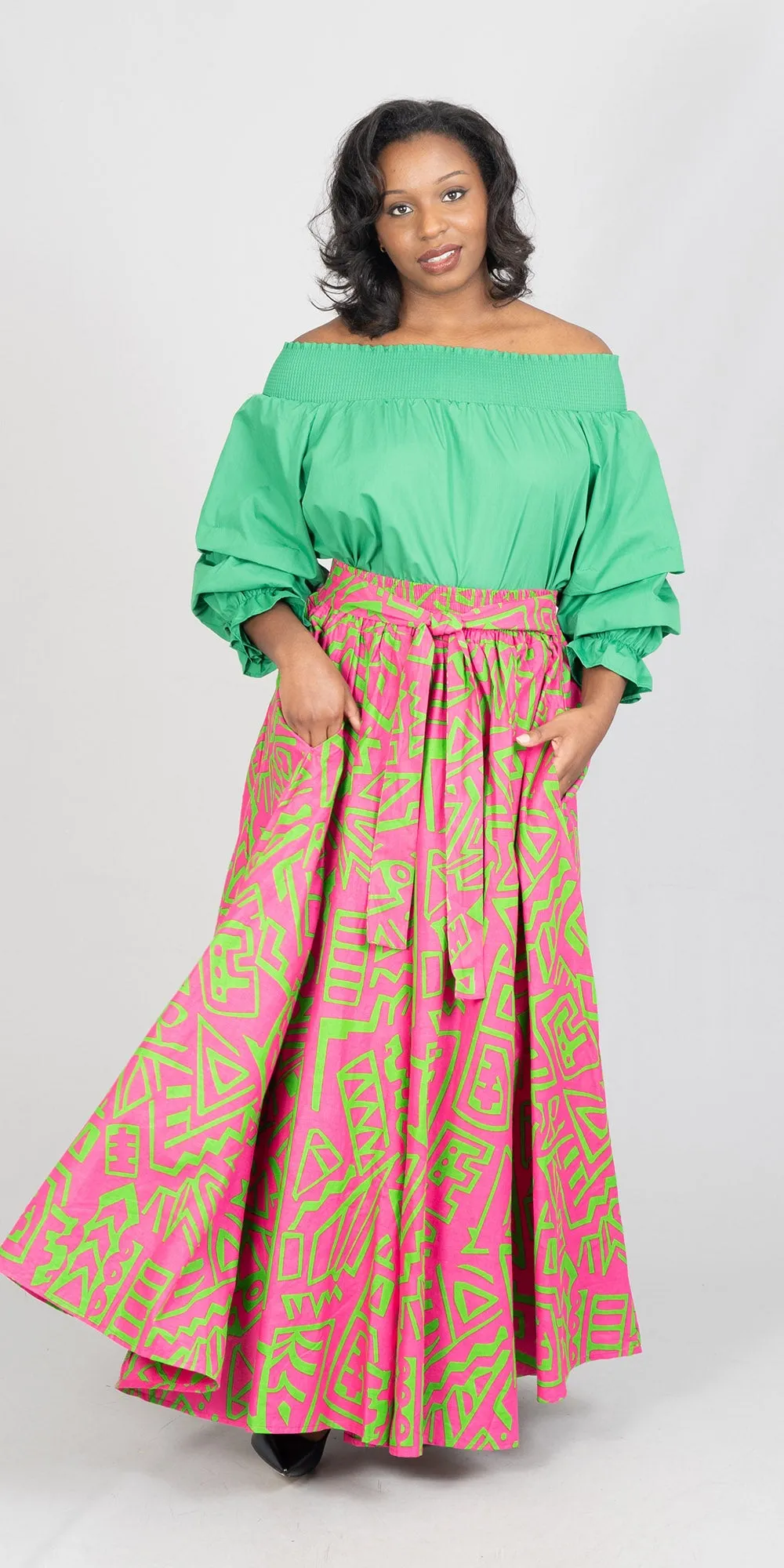 KaraChic 7001-607 -  Elastic Waist African Print Maxi Skirt