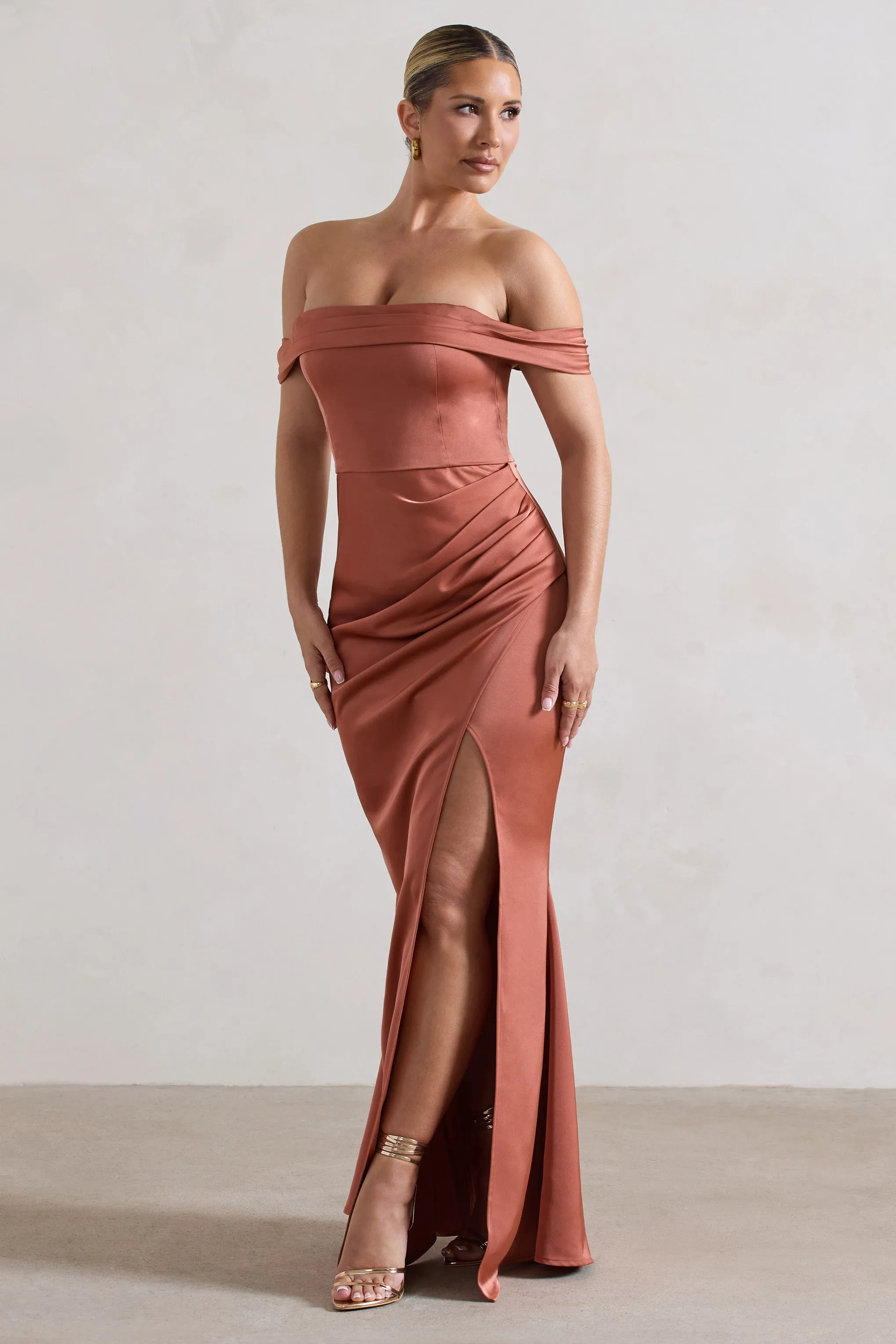 Katia | Rust Satin Bardot Maxi Dress