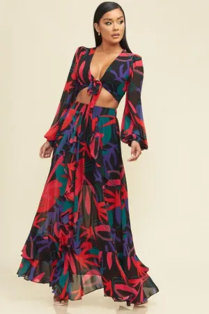 Key West Two Piece Long Sleeve Red Tropical Maxi Skirt Set