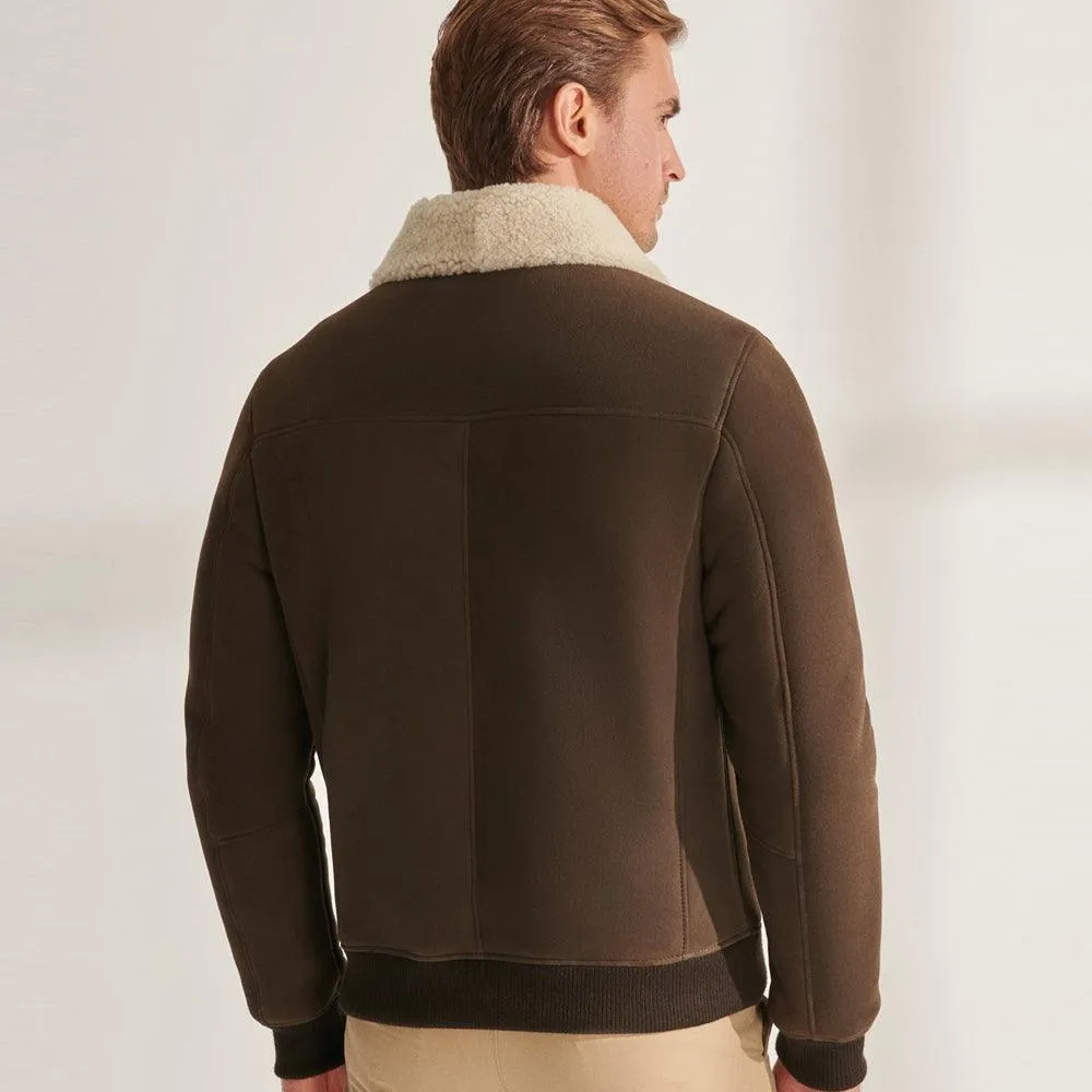 Khaki Brown Sheepskin Shearling Bomber Jacket for Men