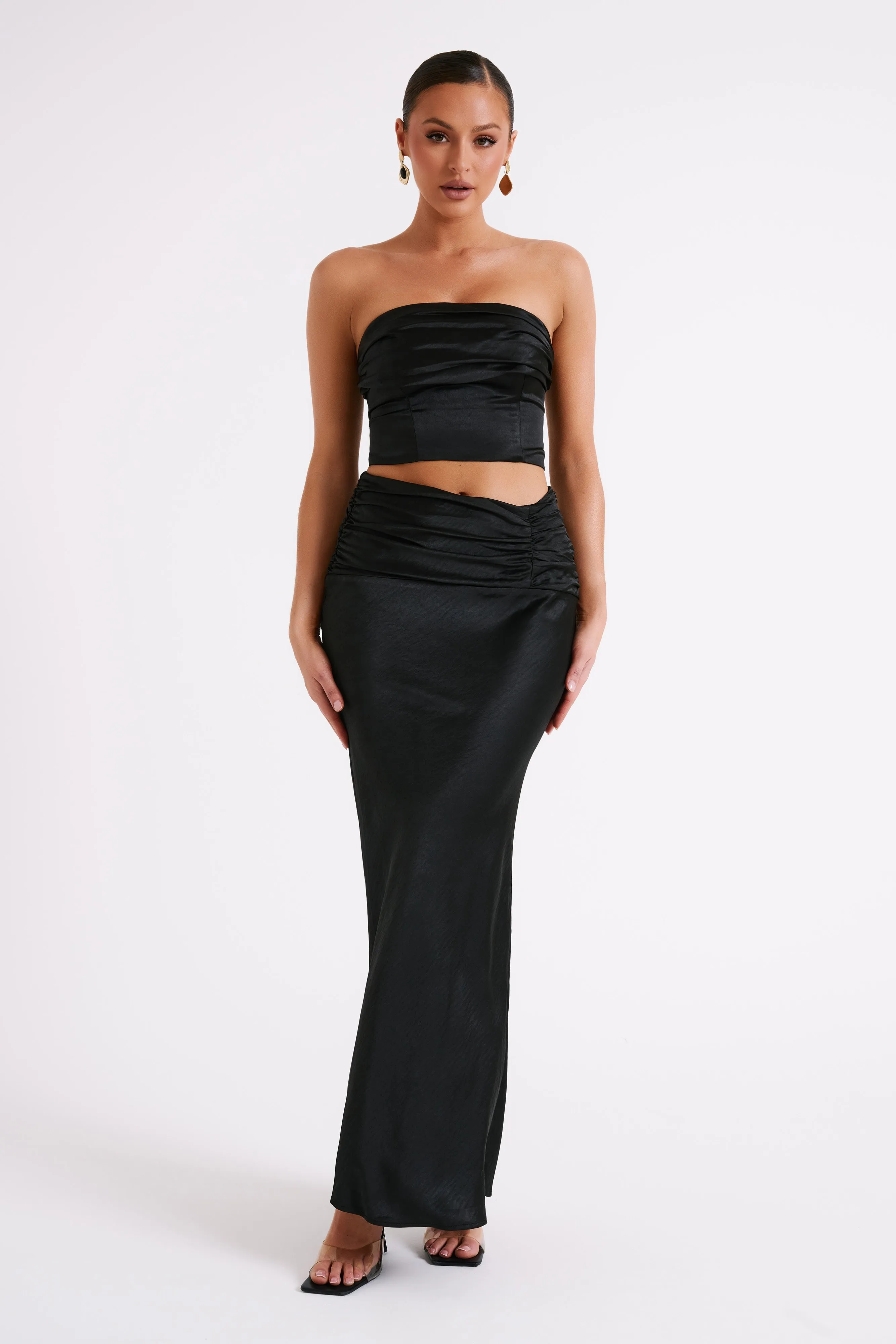 Khalani Ruched Strapless Satin Top - Black