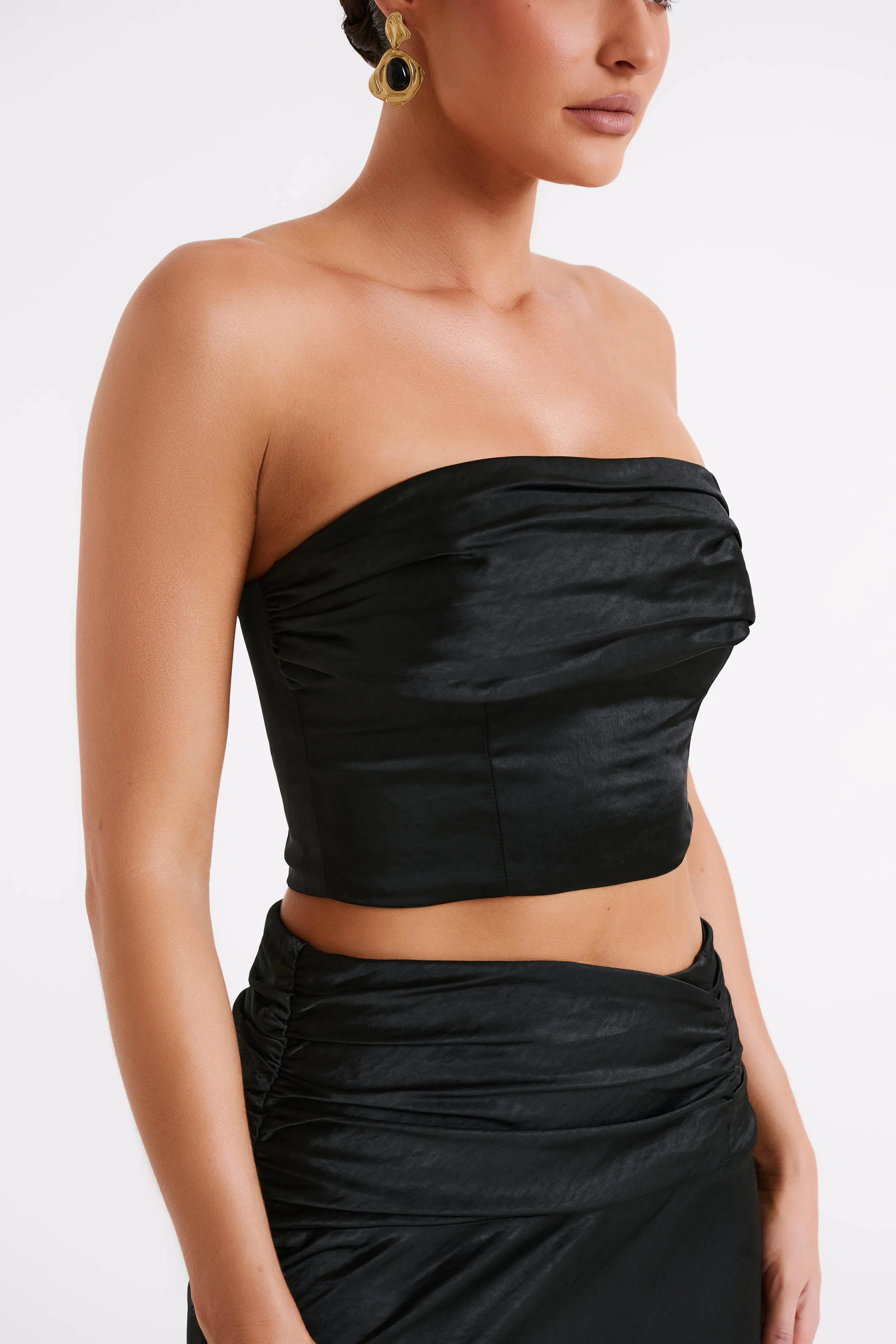 Khalani Ruched Strapless Satin Top - Black