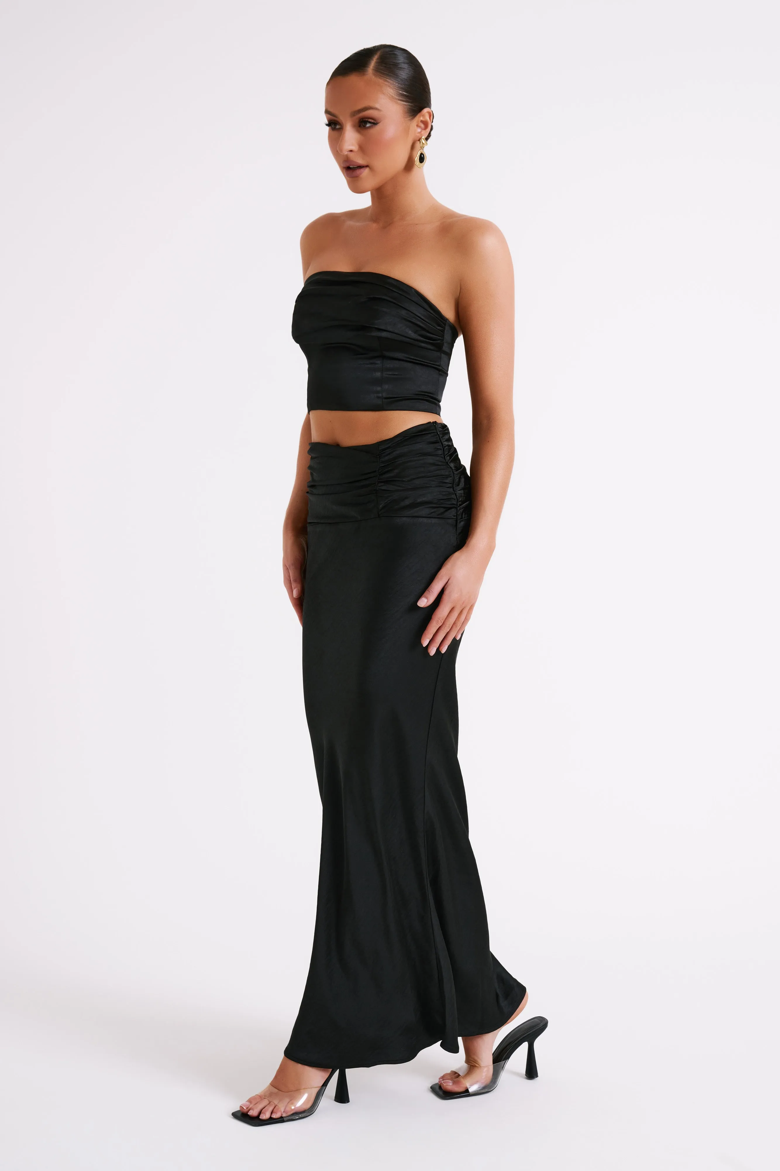 Khalani Ruched Strapless Satin Top - Black