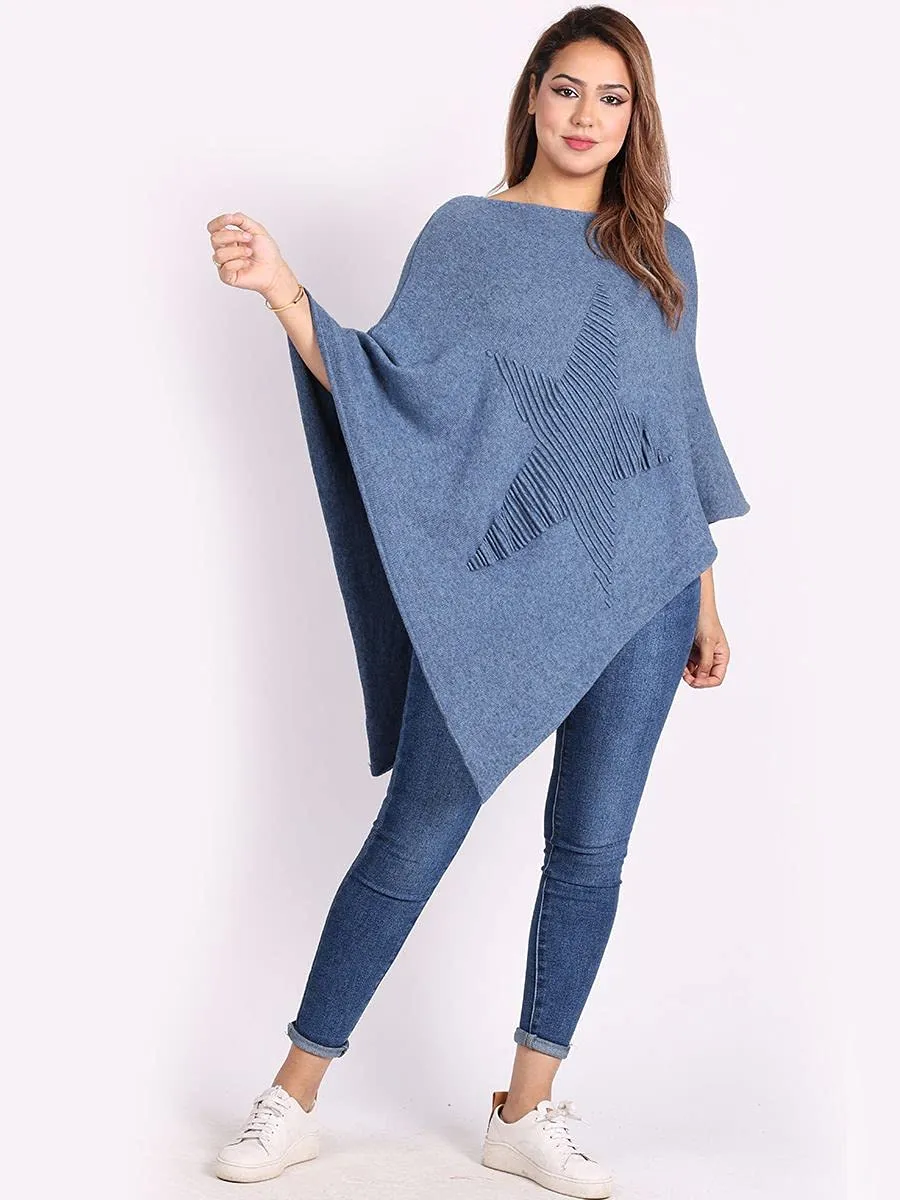 Ladies Italian Knitted  Star Poncho Womens Ribbed Star Asymmetric Hem Cape Shawl