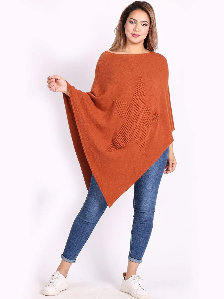 Ladies Italian Knitted  Star Poncho Womens Ribbed Star Asymmetric Hem Cape Shawl