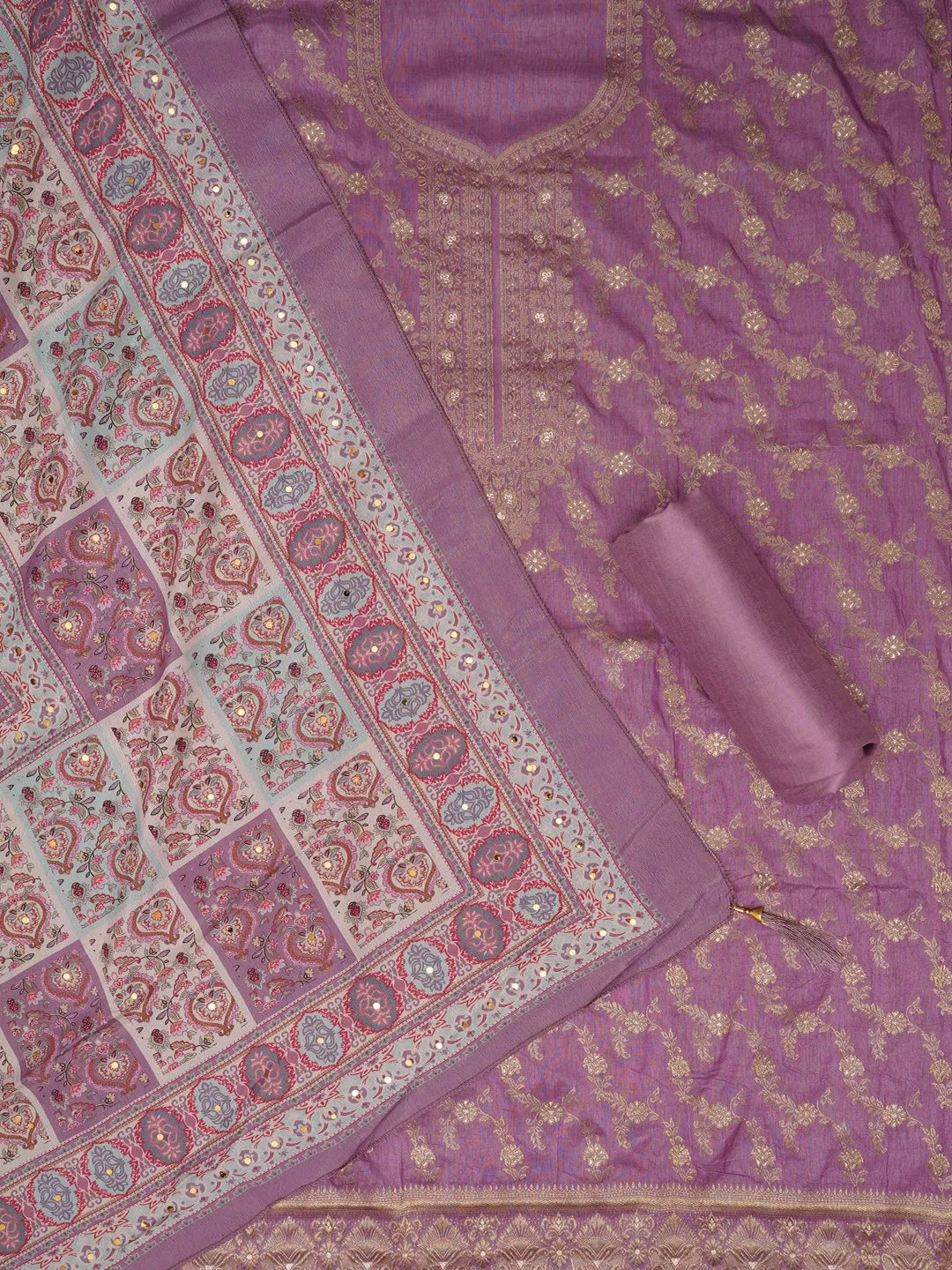 Lavender Festive Silk Blend Zari Woven Dress Material With Dupatta