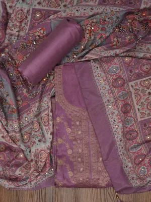 Lavender Festive Silk Blend Zari Woven Dress Material With Dupatta