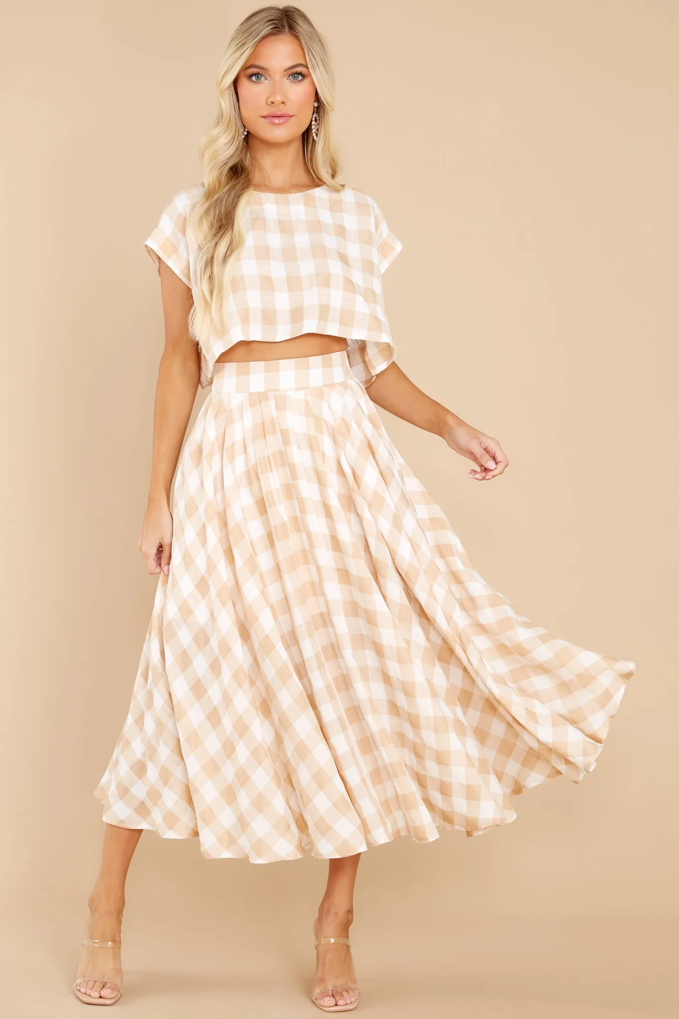 Leaps Of Time Beige Gingham Two Piece Set