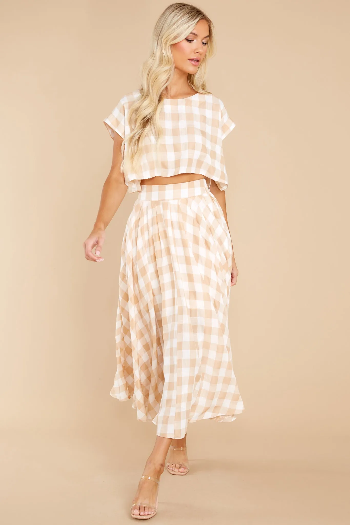 Leaps Of Time Beige Gingham Two Piece Set