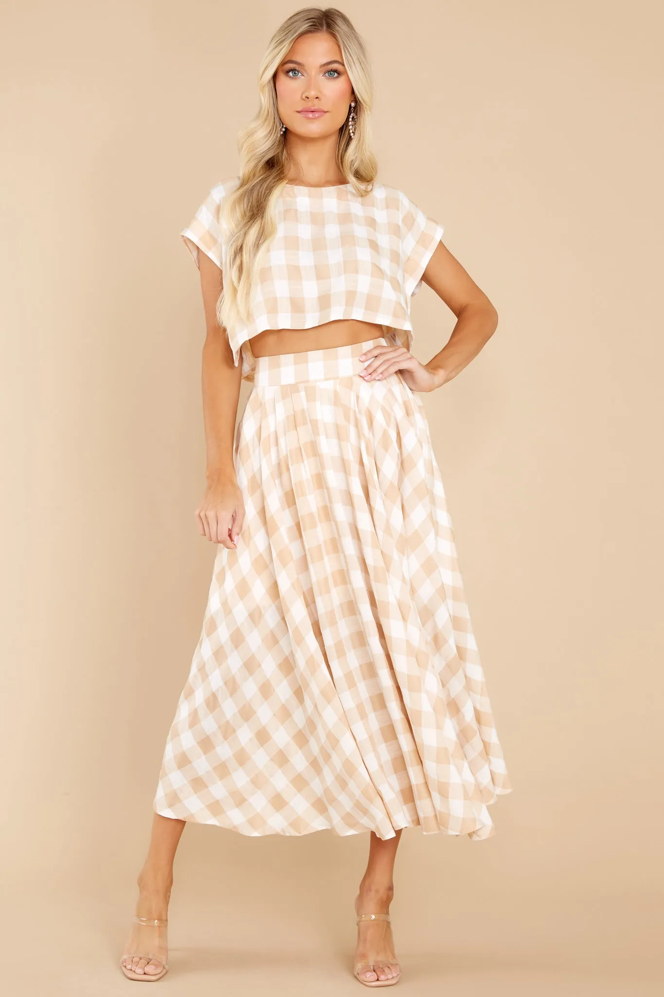 Leaps Of Time Beige Gingham Two Piece Set