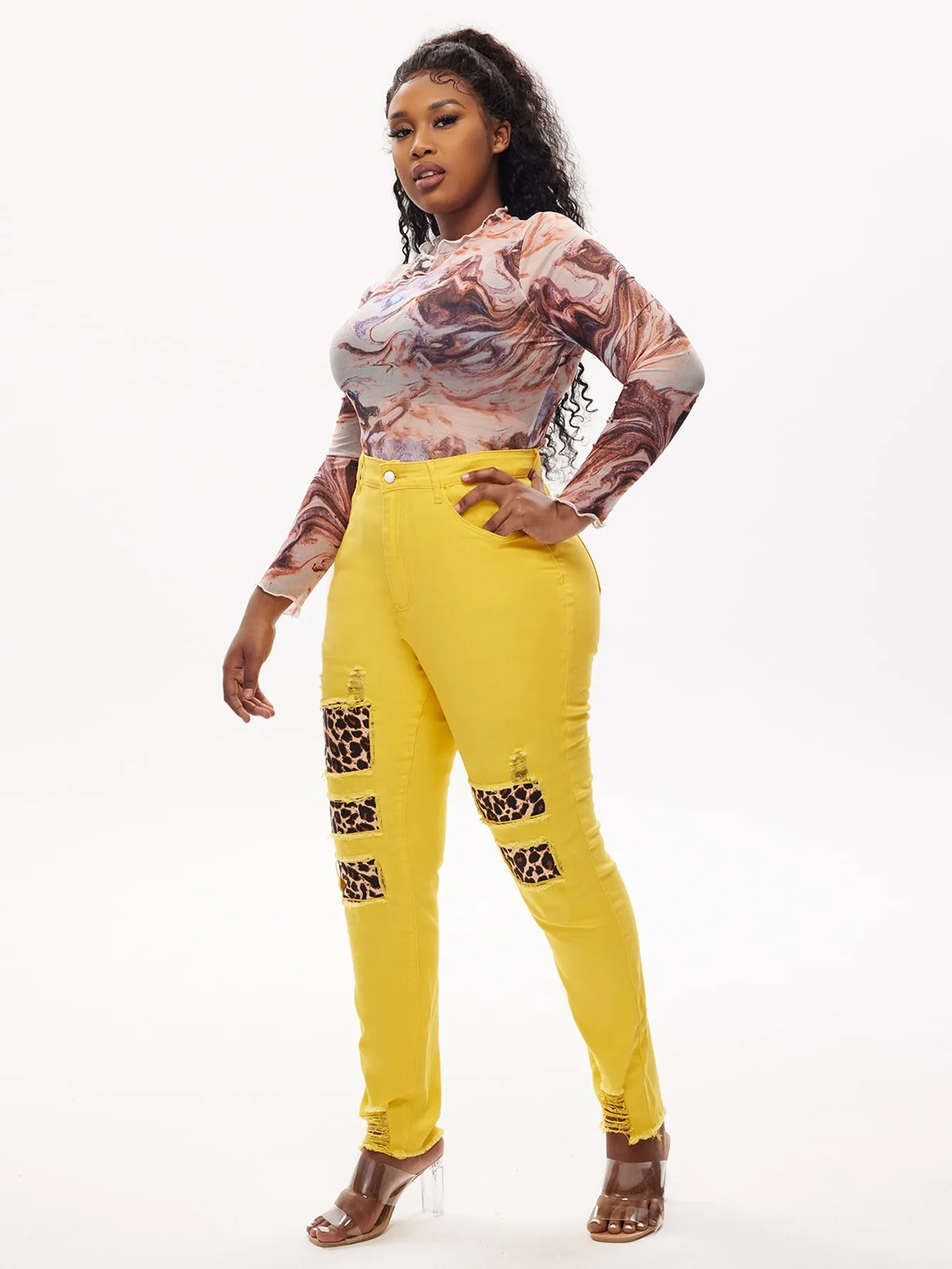 Leopard Zipper High Waist Long Plus Size Jeans