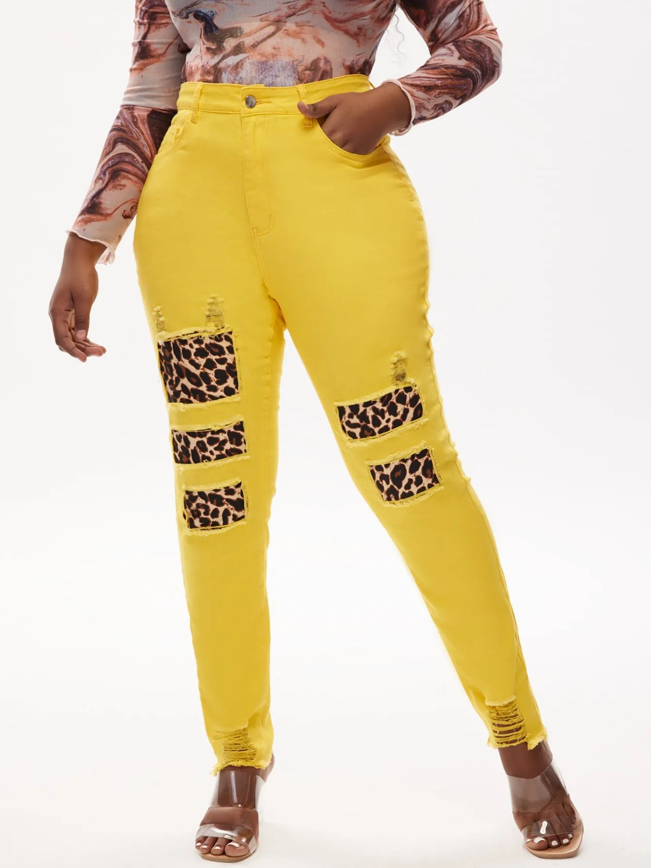 Leopard Zipper High Waist Long Plus Size Jeans