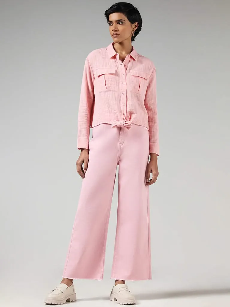 LOV Light Pink Cotton Crinkled Knotted Shirt