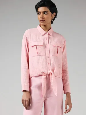 LOV Light Pink Cotton Crinkled Knotted Shirt