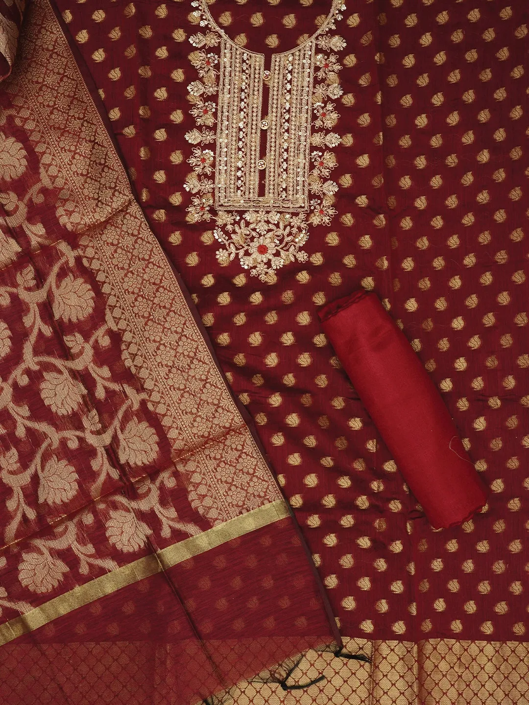 Maroon Zari Silk Blend Embellished Dress Material with Dupatta