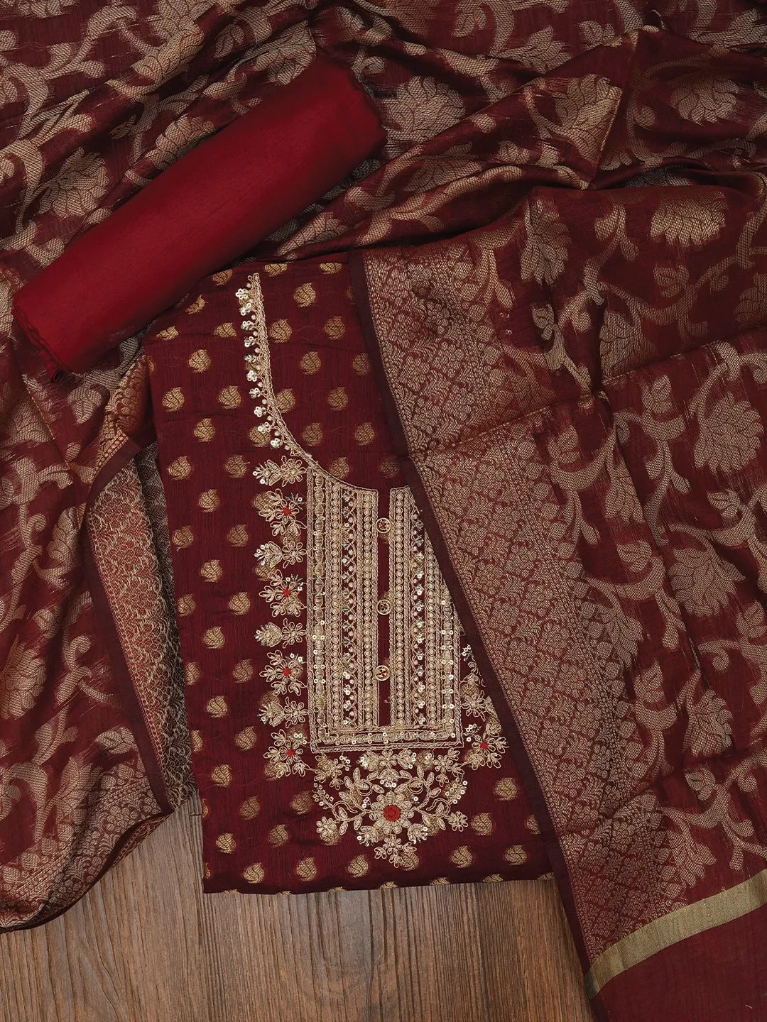 Maroon Zari Silk Blend Embellished Dress Material with Dupatta