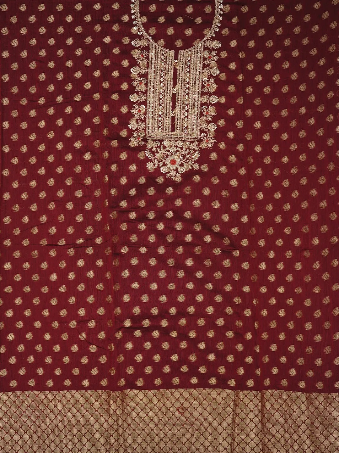 Maroon Zari Silk Blend Embellished Dress Material with Dupatta