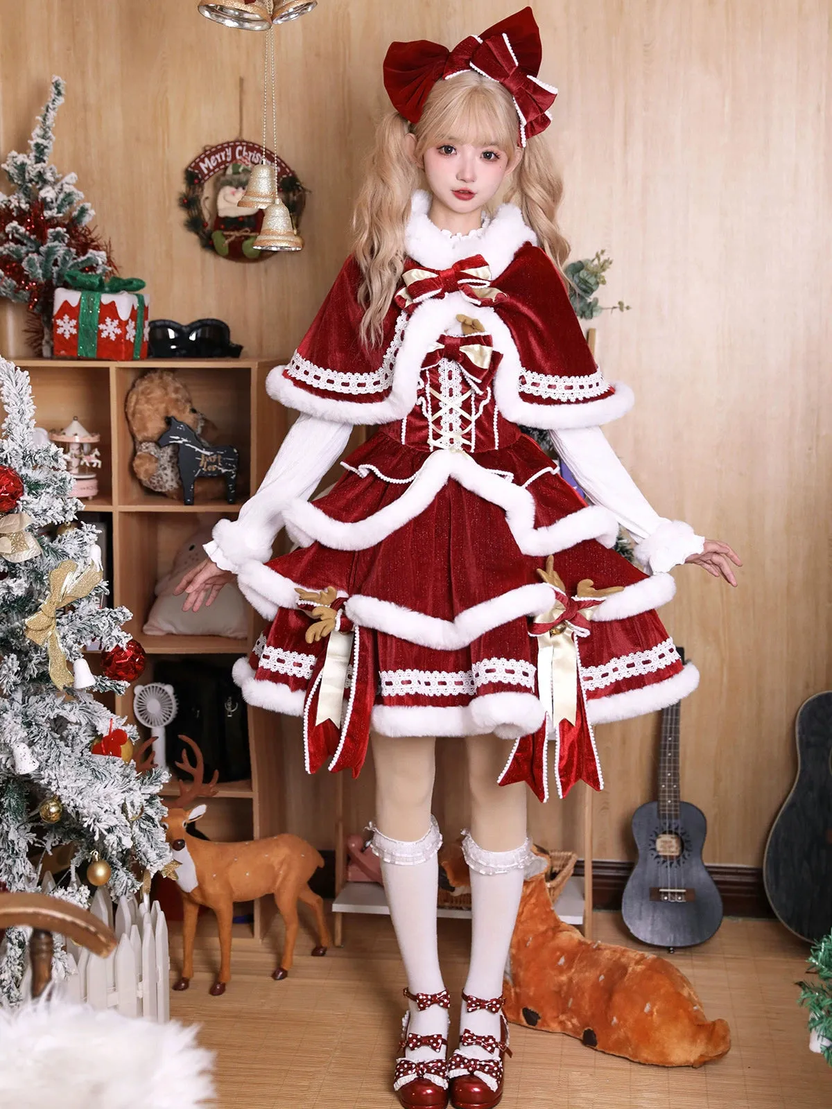 Matutu~Sweet Lolita JSK Suit Christmas Lolita Cape and Dress