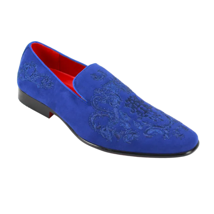 Men's Royal Blue Velvet Slip On Dress Shoes Embroidery Print