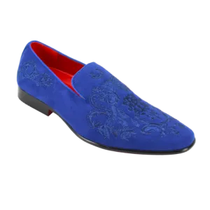 Men's Royal Blue Velvet Slip On Dress Shoes Embroidery Print