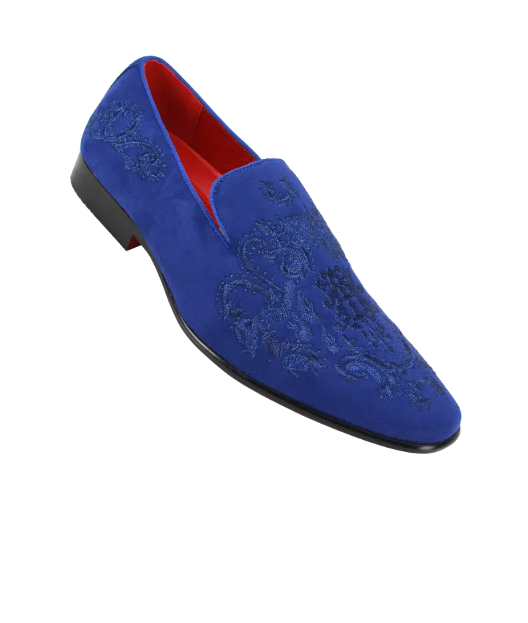 Men's Royal Blue Velvet Slip On Dress Shoes Embroidery Print