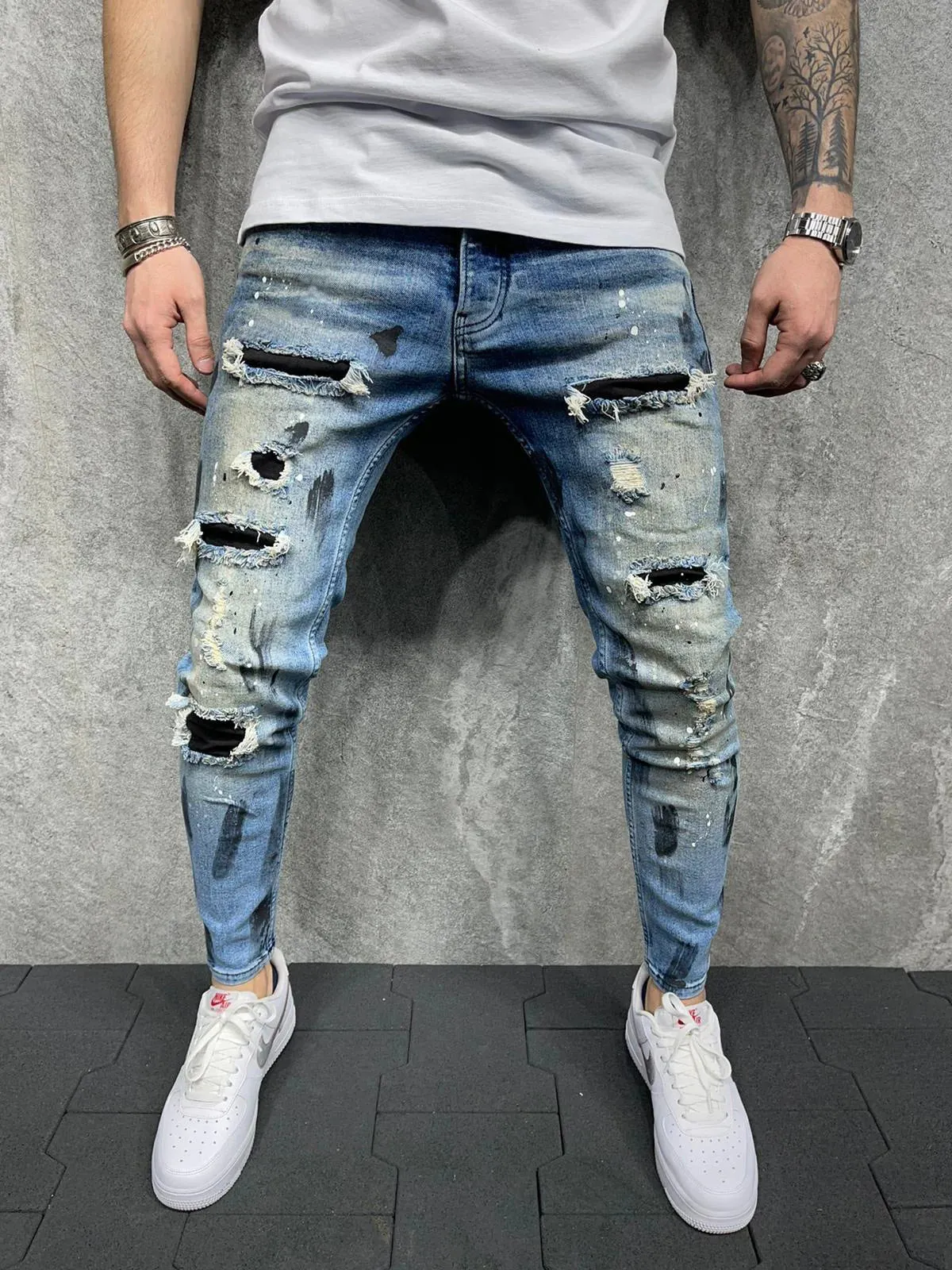 Men's Slim Fit Ripped Painted Skinny Jeans