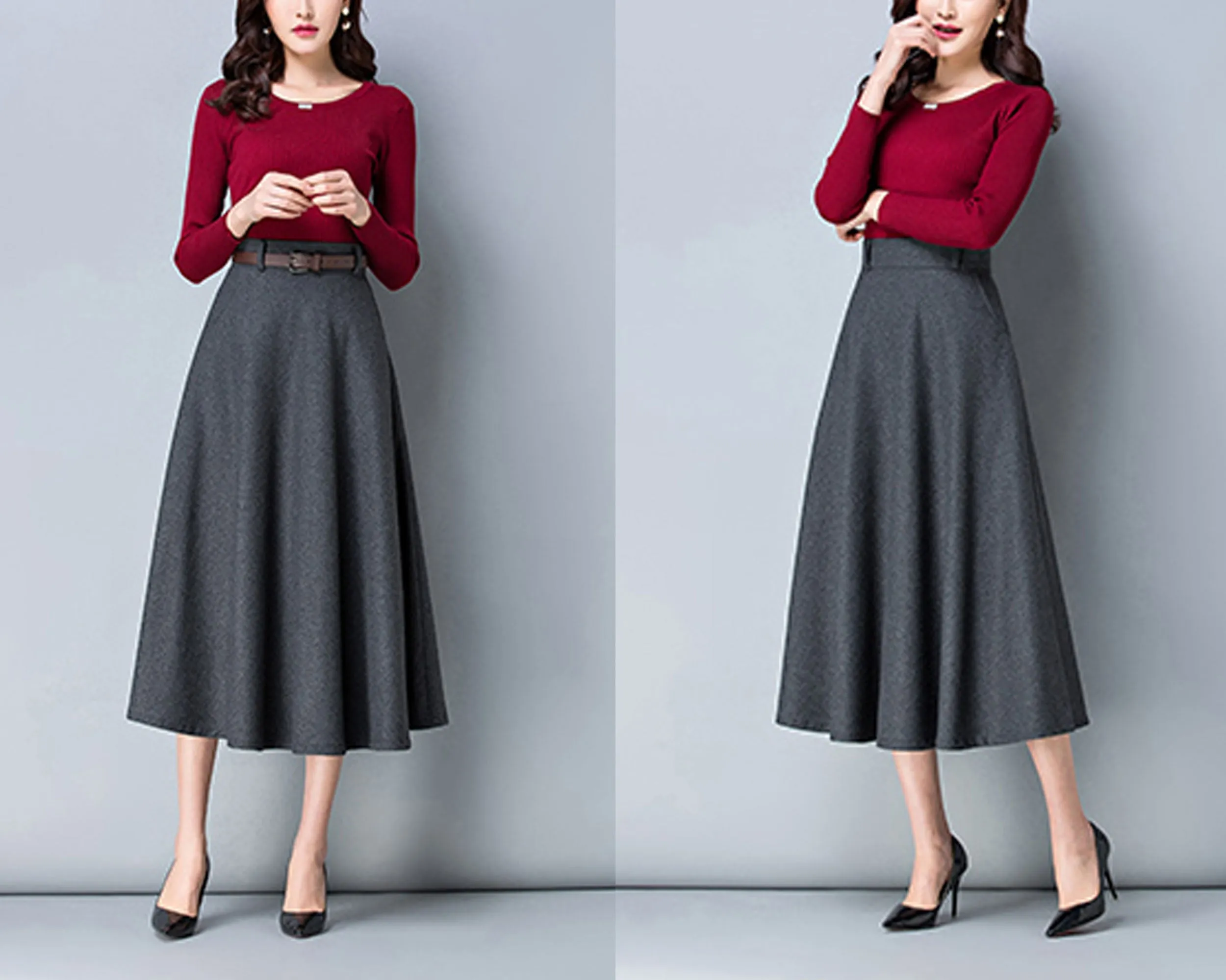 Midi skirt, Wool skirt, Winter skirt, dark gray skirt, long skirt, vintage skirt, high waist skirt, flare skirt, Wool skirt with belt Q0025