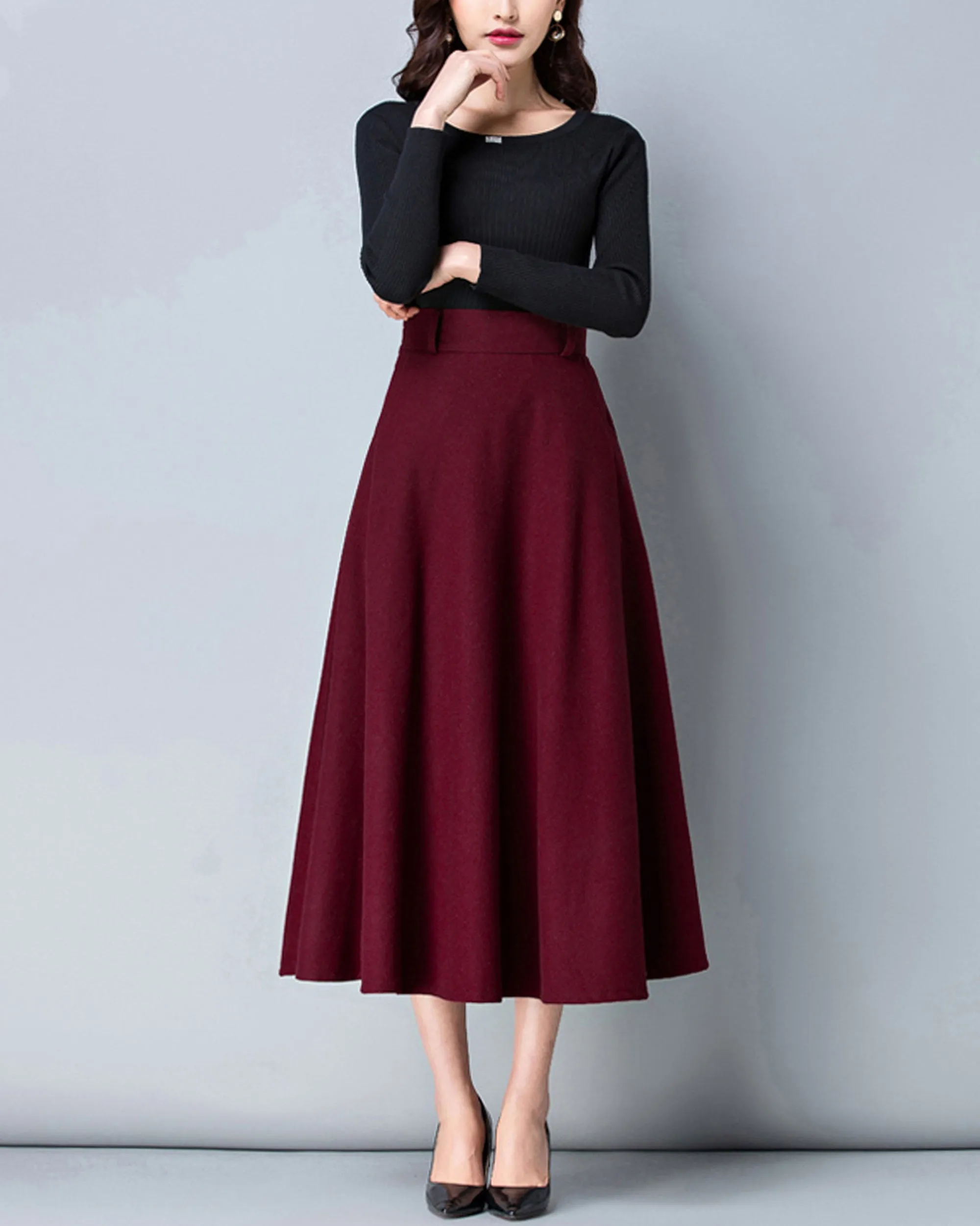 Midi skirt, Wool skirt, Winter skirt, dark gray skirt, long skirt, vintage skirt, high waist skirt, flare skirt, Wool skirt with belt Q0025