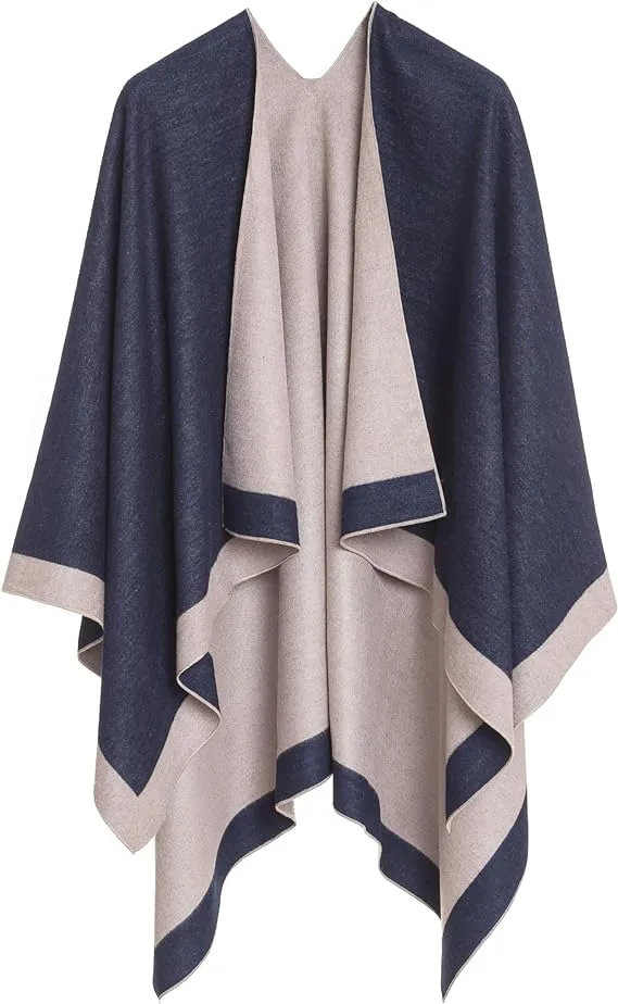 Navy-Gray Luxurious Knit Sweater Poncho Cardigan