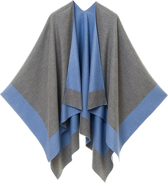 Navy-Gray Luxurious Knit Sweater Poncho Cardigan