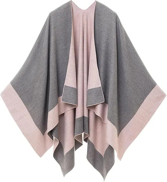 Navy-Gray Luxurious Knit Sweater Poncho Cardigan