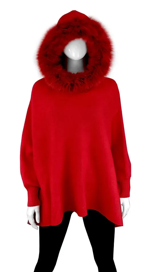 Poncho with Sleeves - Fox Fur Hoodie - Red