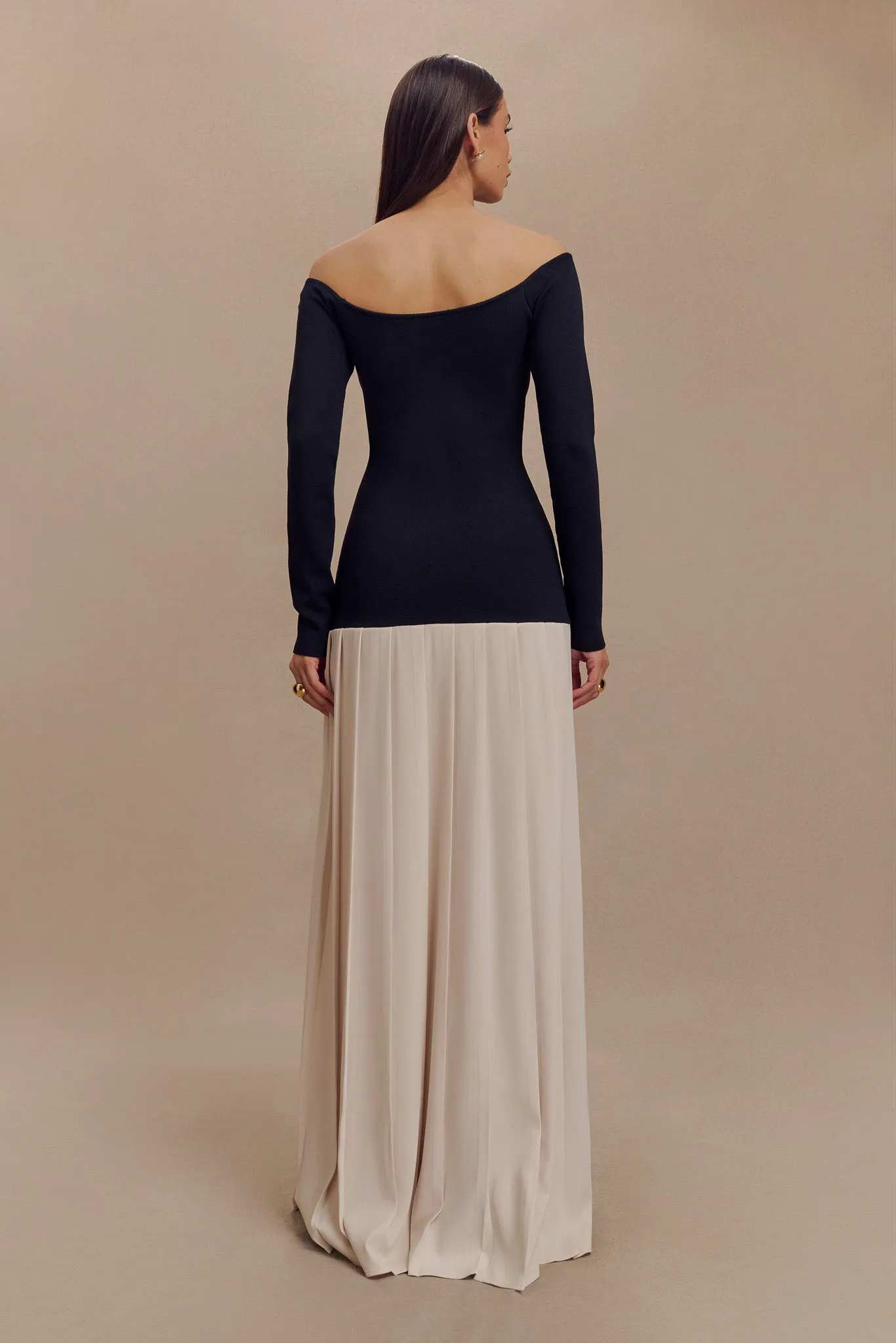 Presley Contrast Knit Off Shoulder Maxi Dress - Navy And Cream