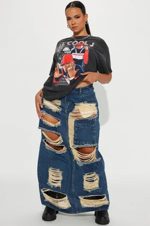 QI800 Distressed Denim Maxi Skirt