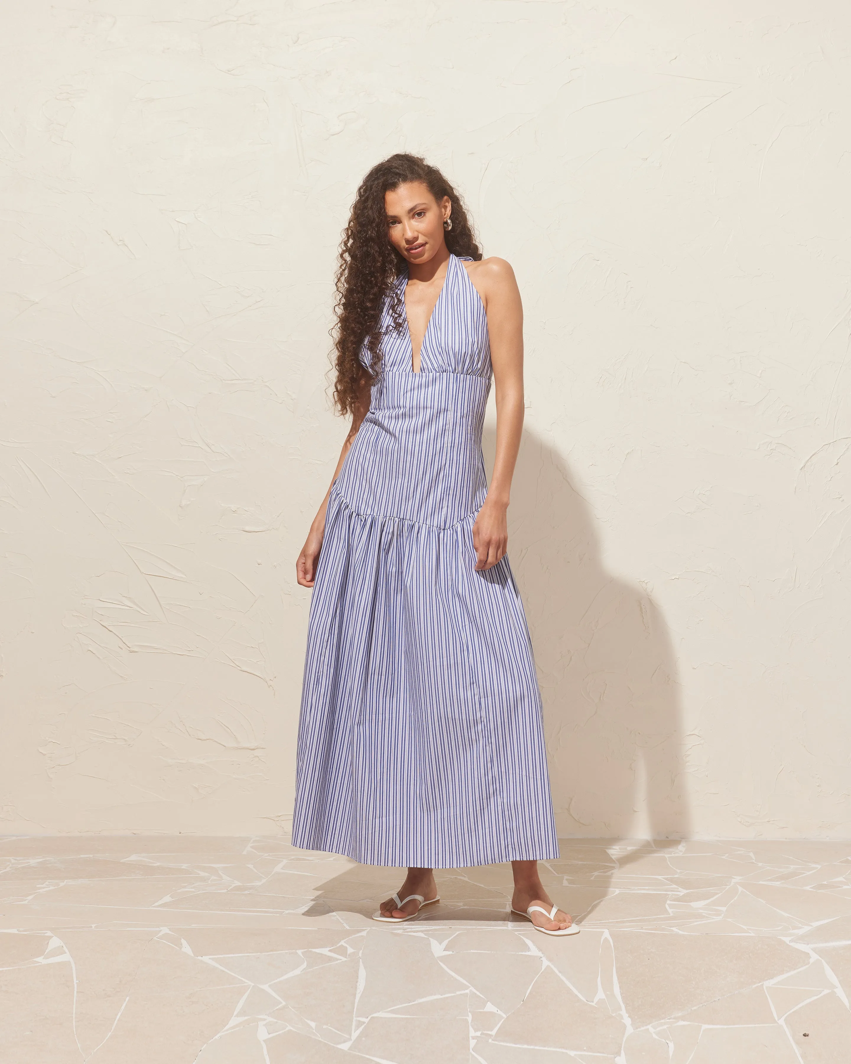 RELAXE HALTER DRESS NAVY STRIPE