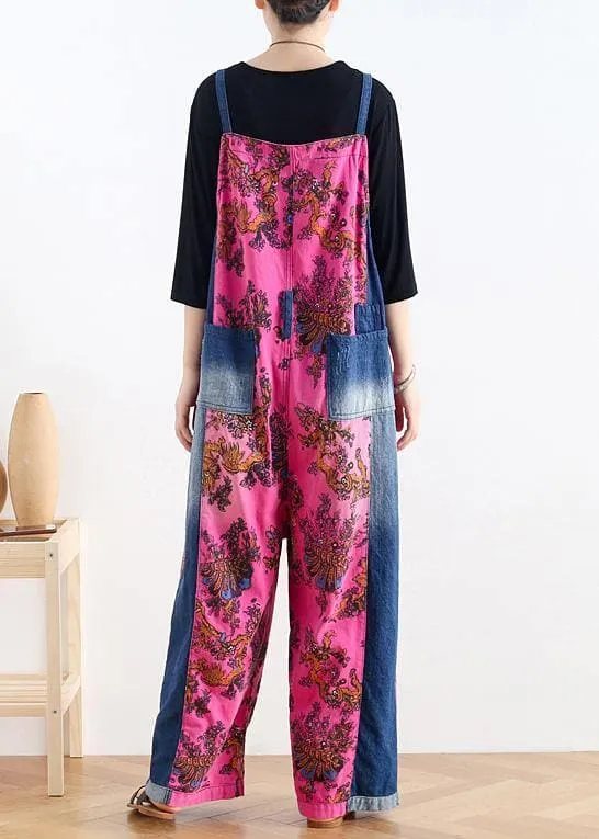 Retro national style rose printed loose denim overalls