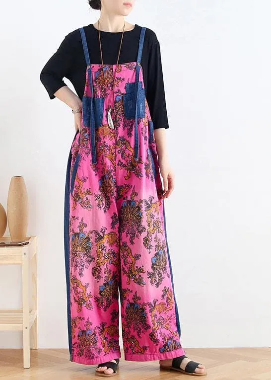 Retro national style rose printed loose denim overalls