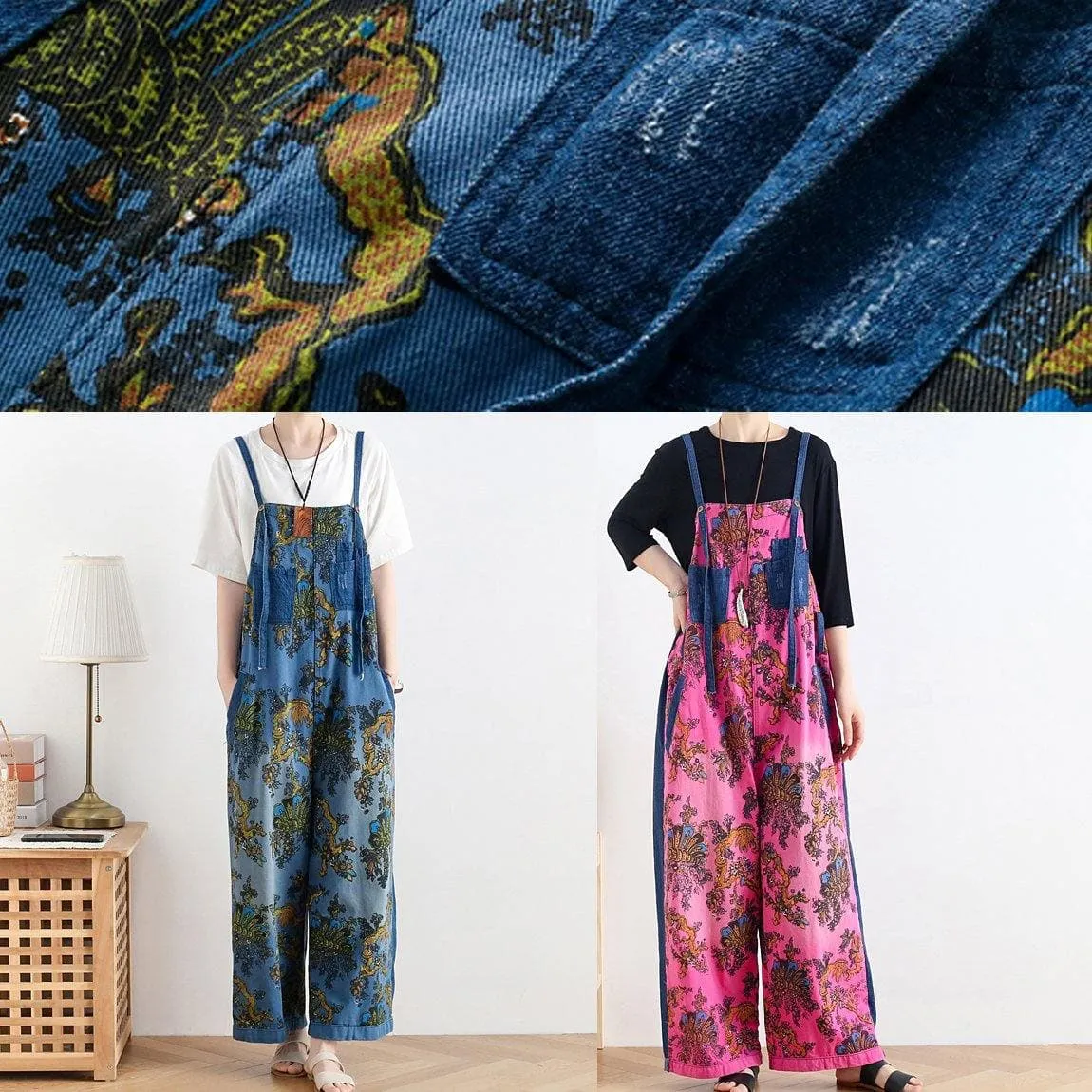 Retro national style rose printed loose denim overalls