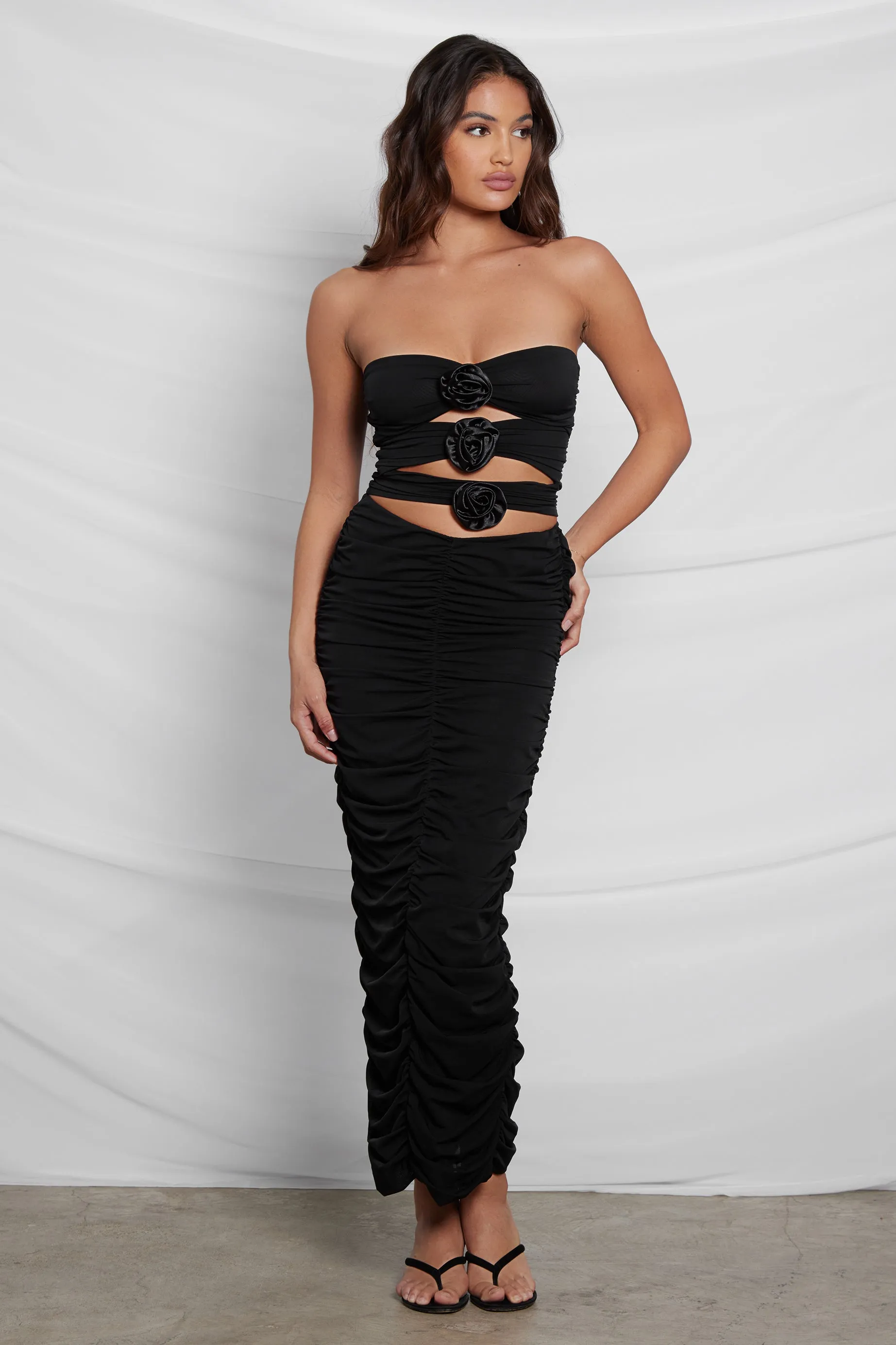 Rhodes Ruche Mesh Trendy Maxi Skirt - Black