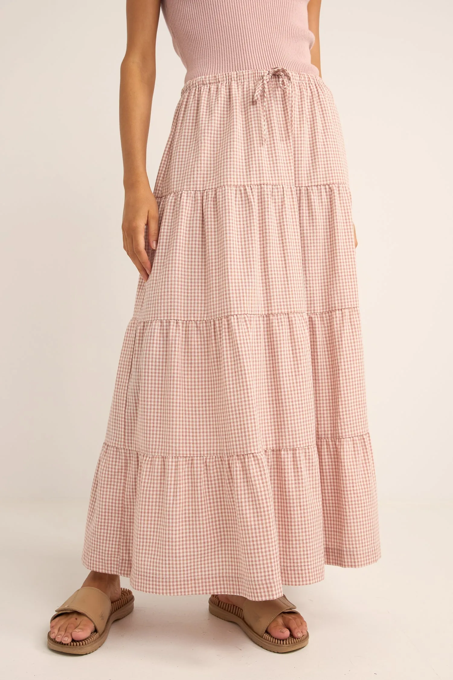 Rhythm Lola checkered tiered maxi skirt - DUSTY PINK