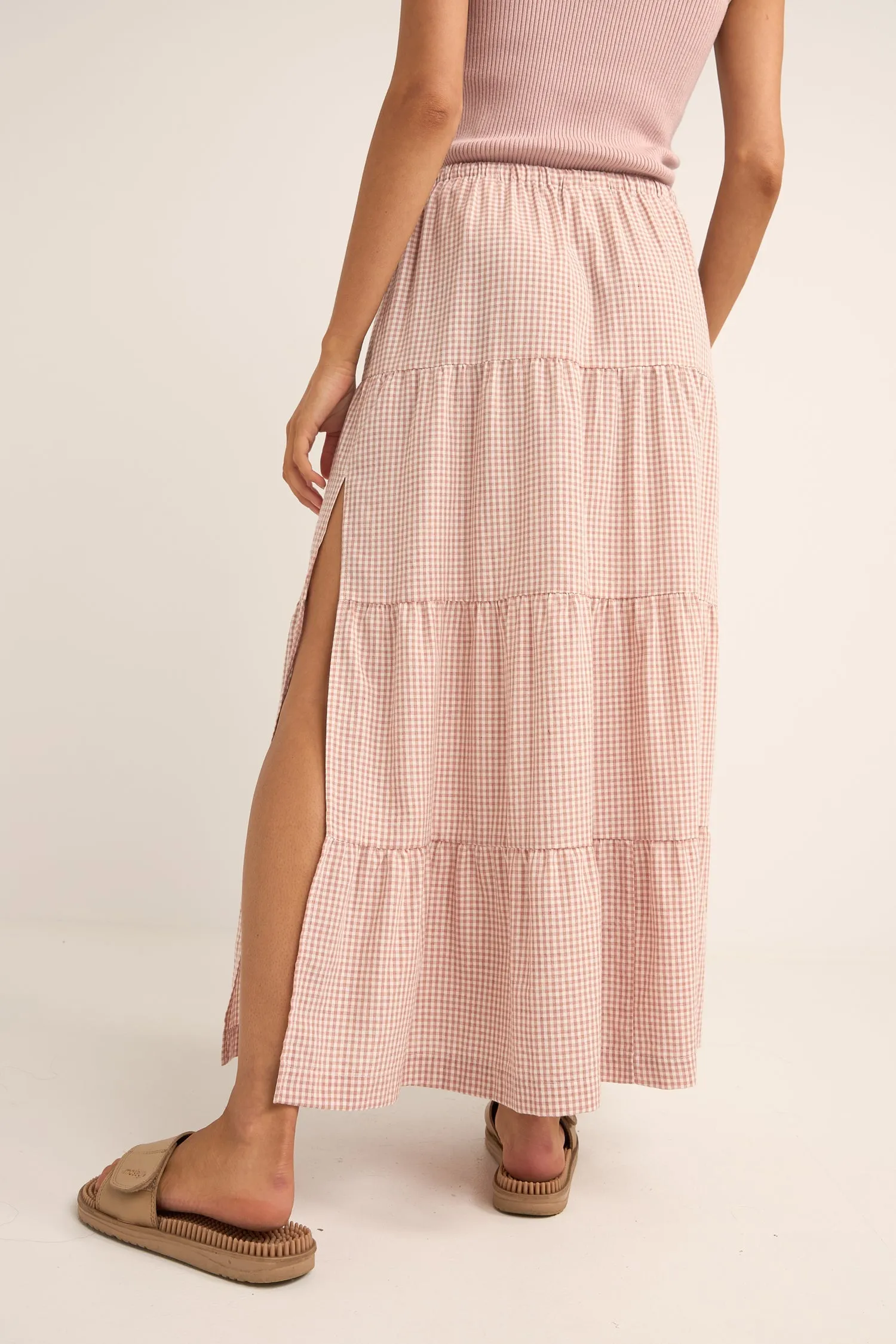 Rhythm Lola checkered tiered maxi skirt - DUSTY PINK