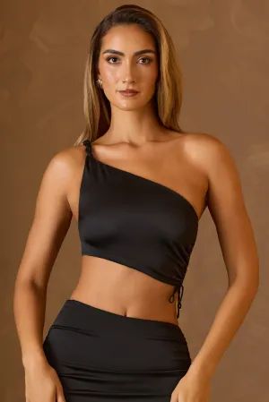 Ruched Asymmetric Crop Top in Black