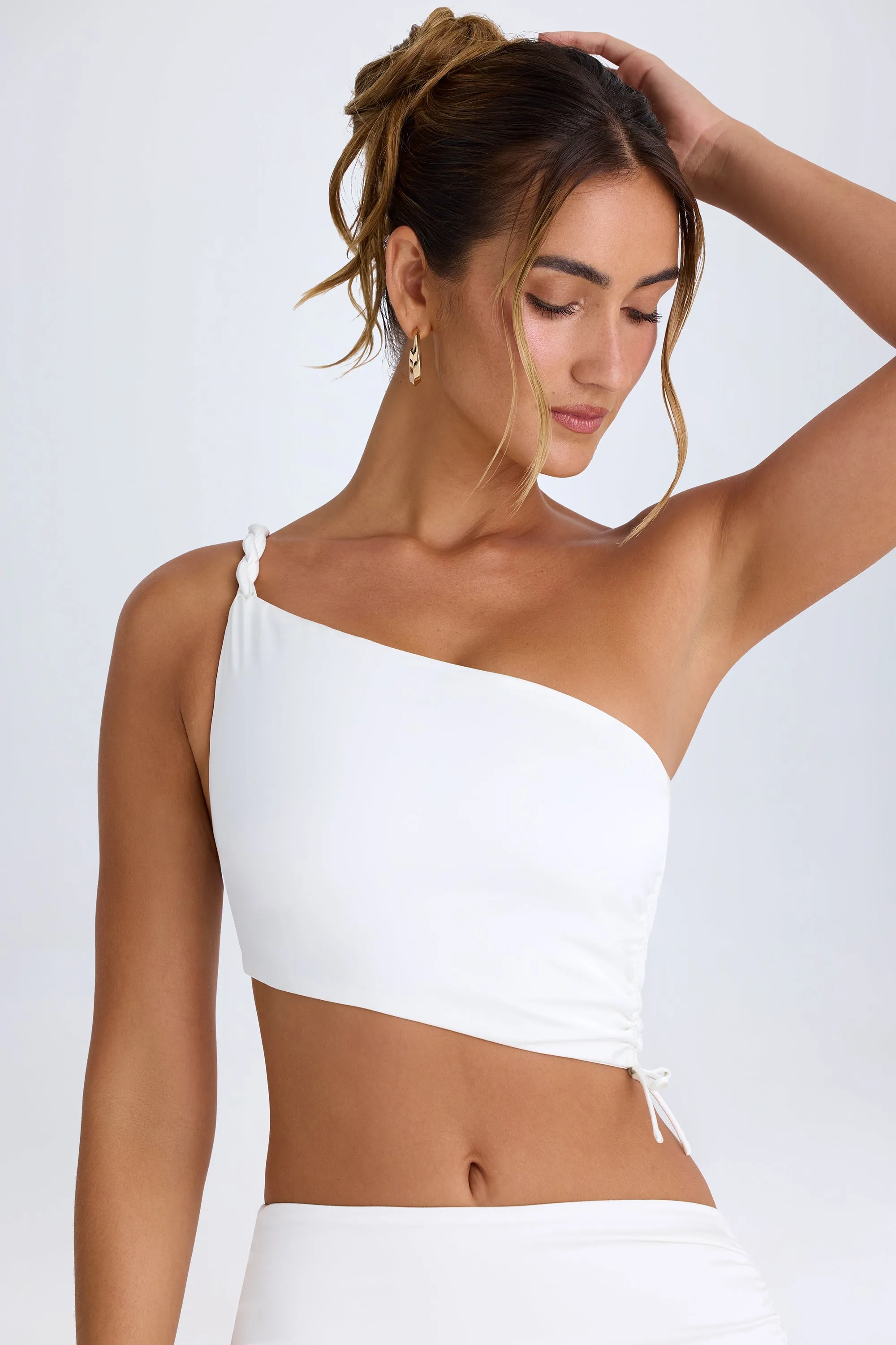 Ruched Asymmetric Crop Top in White