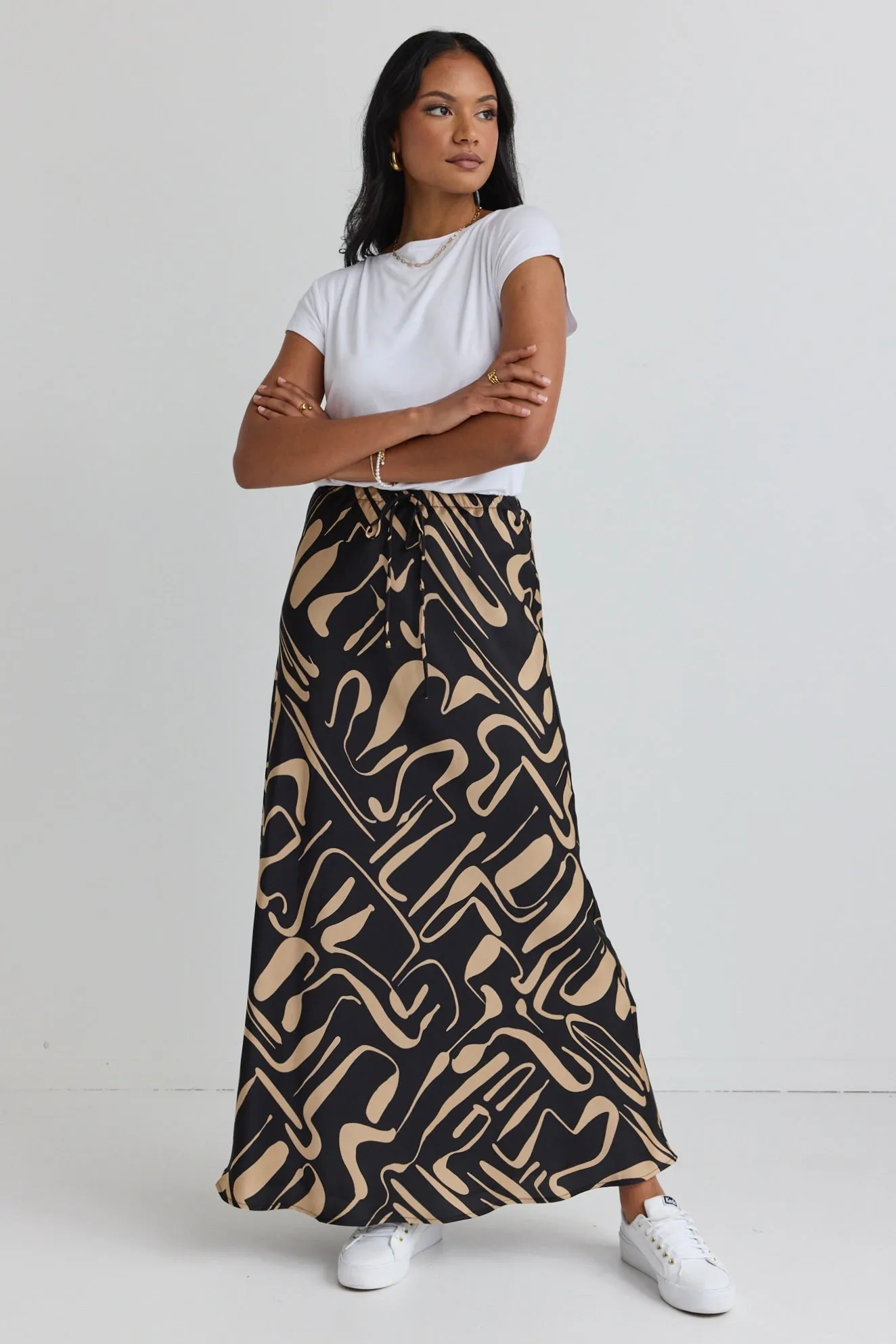 Sharp Black Caramel Abstract Tie Waist Bias Satin Maxi Skirt