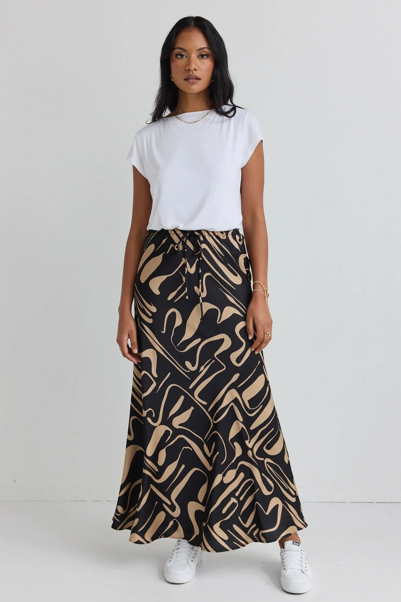 Sharp Black Caramel Abstract Tie Waist Bias Satin Maxi Skirt