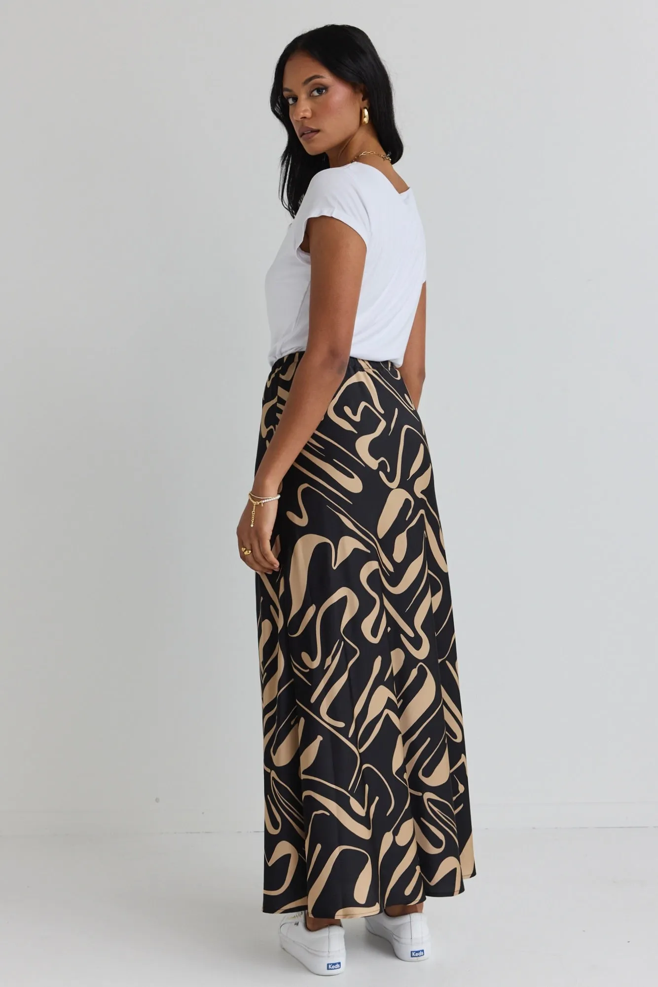 Sharp Black Caramel Abstract Tie Waist Bias Satin Maxi Skirt